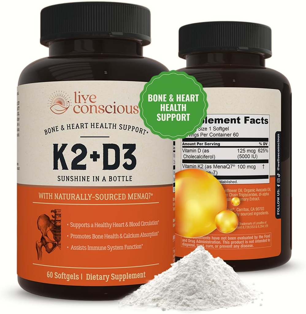 Live bevisst vitamin K2 MK7 med D3 Supplement ® Bein og hjerte Helse Støtte - Patentert vitamin K & vitamin D3 5000 IU - 60 Softgels