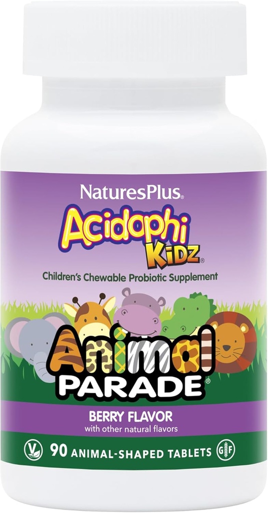 NaturesPlus Animal Parade AcidophiKidz, Berry Flavor - 90 Chewable, Animal-Shaped Tablets - Pack of 2 - mit Probiotics, FOS & Grape Seed - 180 Gesamt Servietten
