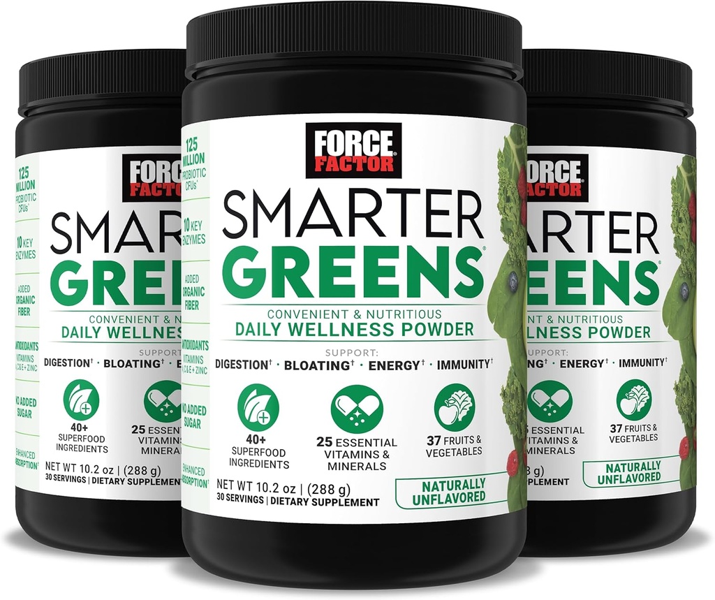 Force Factor Smarter Greens Daily Wellness Powder 3 - Pack untuk Mendukung Energi, Imuniance & Disculling, Greens Powder, Superfood Powder dengan Vitamin, Mineral & Propoles, Tanpa Rasa, 90 Servis