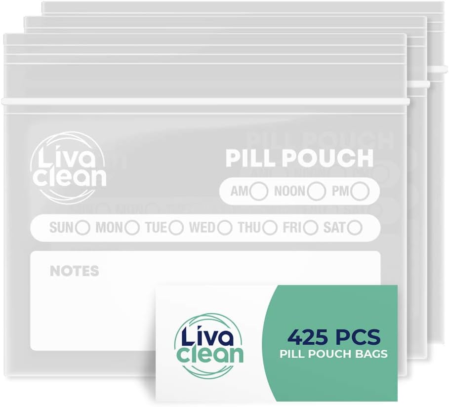LivaClean 425 Pack Upgraded Thickness Pill Pouches for Travel - Pill Bags, Medicine Bag for Travel