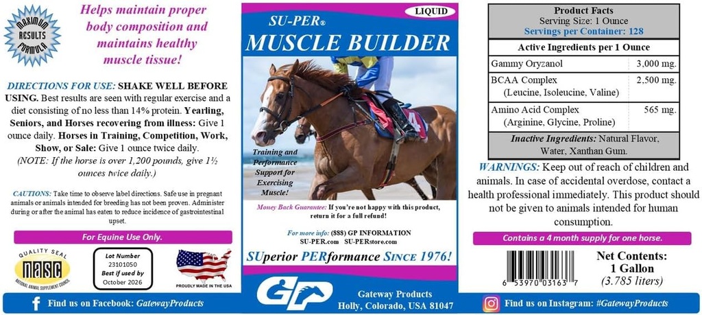 SU-PER Muscle Builder Horse Supplement - Training and Performance Support for Exercising Muscle - 1 Gallon, 4 Month Supply