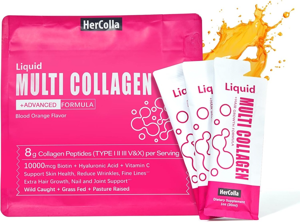Colágeno Líquido para Mulheres, 10000mcg Biotina, 8000mg Multi tipo Colágeno Peptídeos, Ácido Hialurônico, Vitamina C, Pele, unhas, Suplemento de cabelo, sabor laranja, 10 Fl oz. (1 pacote, laranja)