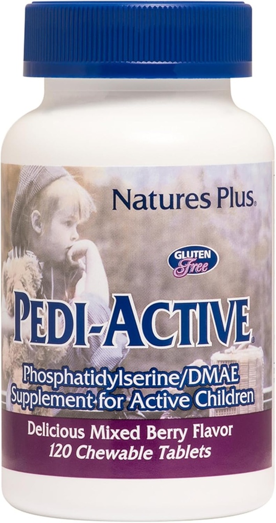 NaturesPlus Pedi-Active LECI-PS, Complexo DMAE - 120 comprimidos mastigáveis - Misturado sabor de cereja - Suplemento mastigável para crianças, promove a saúde cerebral, foco - vegetariano, sem glúten - 60 serviços