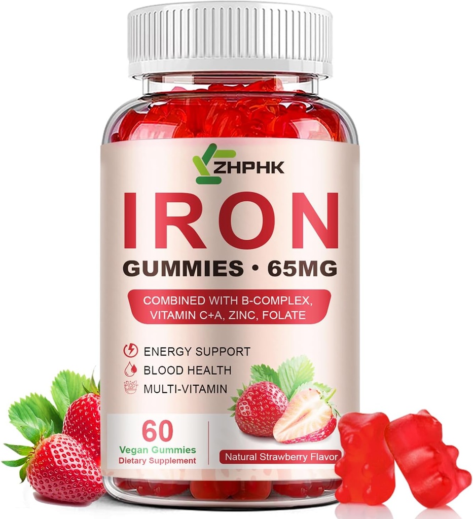 IJzeren supplement Gummies, 65mg ijzer en 250mg vitamine C voor vrouwen Mannen Kids, natuurlijke Vegan Iron Gummy met vitamine A, B-complex, Biotine, Zink & Folate Energy Support & Immune Health, 60 Gummies