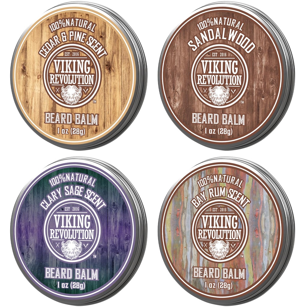 Viking Revolution 4 Beard Balm Variety Pack (1oz Each) - Sandalwood, Pine & Cedar, Bay Rum, Clary Sage - Styles, Consolidează și Softens Barbă și mustațe - Ceară pentru bărbați