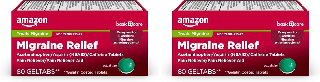   Basic Care Migraine Relief Geltabs, Acetaminophen, Aspirin (NSAID) and Caffeine, 80 Count (Pack of 2)