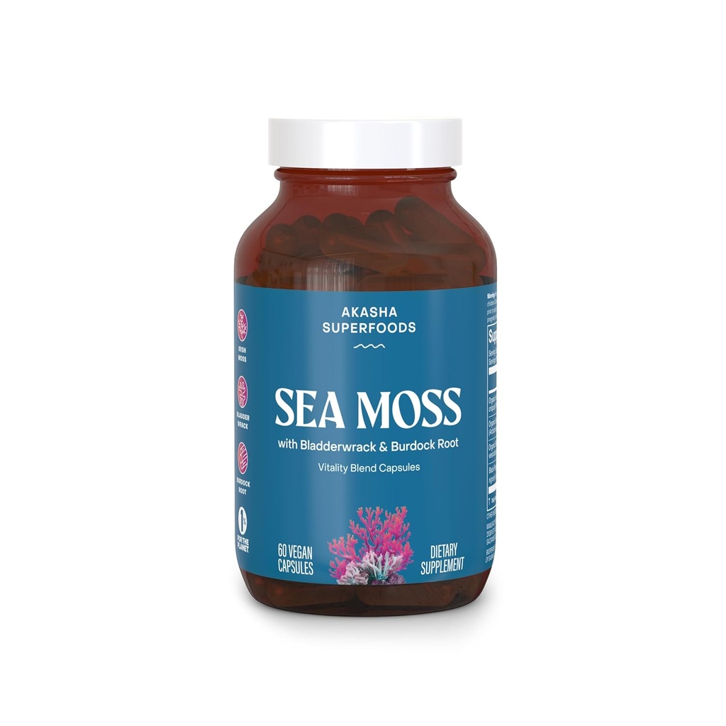 Akasha Superfoods Sea Moss Capsules, Organic Irish Moss med Bladderwrack Root, Burdock Root, og BioPerine, Hud, Thyroid, Digestion & Immunity Support for kvinner og menn, Glutenfri, Vegan, 60 greve