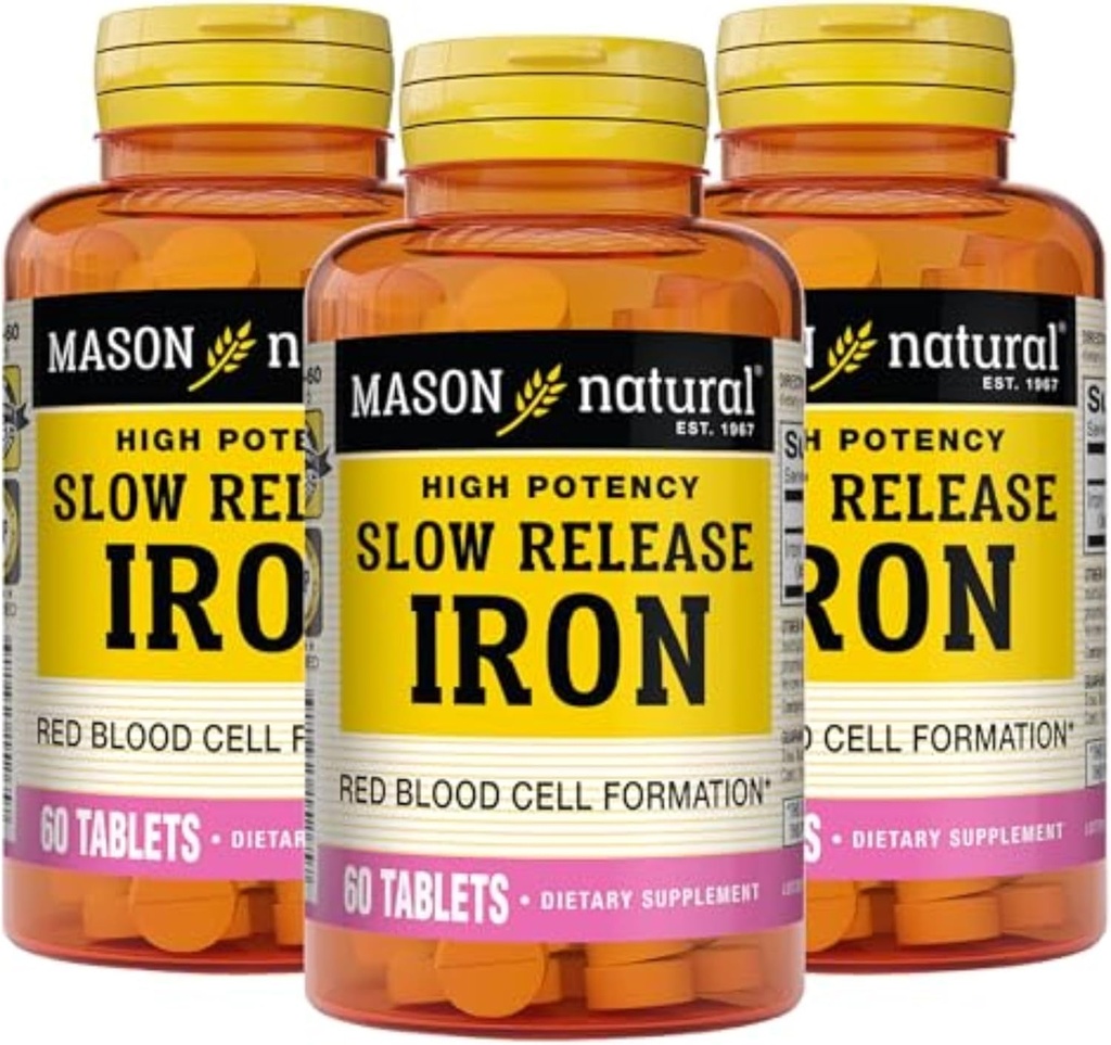 Mason Natural Slow,Release Iron (Ferrous Sulfate) 50 mg Tabletter, 180 Day Supply, High Potency Supplement, Gentle on Stomach, 3 Pack