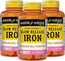 Mason Natural Slow,Release Iron (Ferrous Sulfate) 50 מ"ג טבליות, 180 יום אספקת, תוסף עתיר גבוה, Gentle על Stomach, 3 Pack