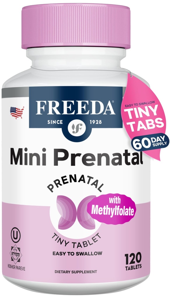 FREEDA Mini Prenatal Vitamin - Kosher Prenatals -Tiny Easy to Swallow Tablets - Prenatal Vitamins with Iron, Prenatal Folic Acid/Folate, Vitamin D - Pre Natal Multivitamin for Pregnant Women (120)