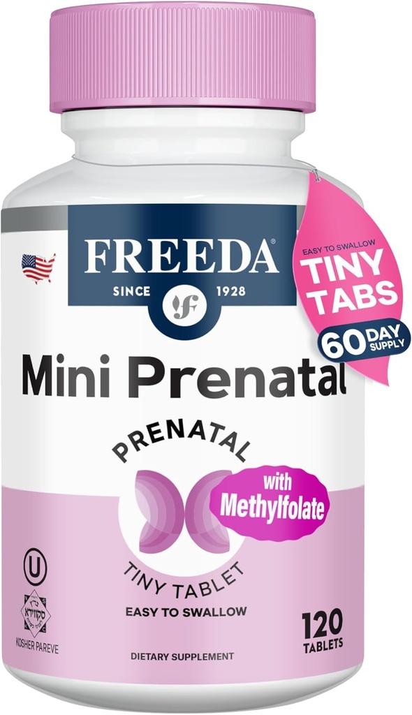 FREEDA Mini Prenatal bitamina - Kosher Prenatals -Tiny Easy to Swallow Tablets - Prenatal Bitaminak burdinarekin, Prenatal Folic Acid/Folate, D bitamina - Natal Previtamin multivitamin haurdun dauden emakumeentzat (120)