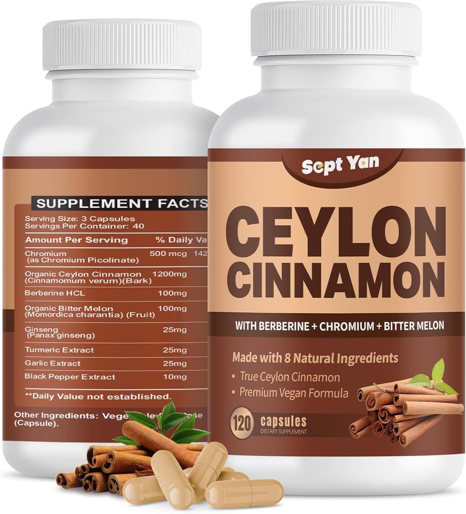 Ceylon Cinnamon קפסולות 1200mg Cinnamon Bark תוספי עם Chromium, Berberine HCL & Turmeric, טבעוני, 120 קפסולות, אנרגיה, מטאבוליזם, הלב & Immune תמיכה