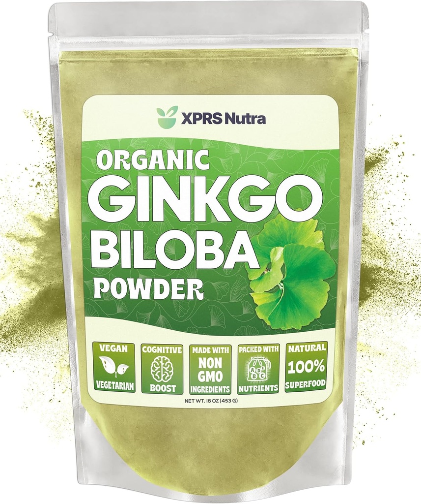 XPRS Nutra Organic Ginkgo Biloba Powder - Gingko Biloba Supplements for Cognition - Vegan Friendly Ginkoba Biloba Organic - Imunity Boosting Ginkgo Biloba Powder (16 oz)