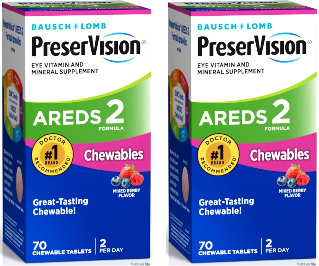PreserVision AREDS 2 Eye Vitamin & Mineral Suplemen, Campuran Berry Flavor Chewables, 70 Cacah (Paket 2)