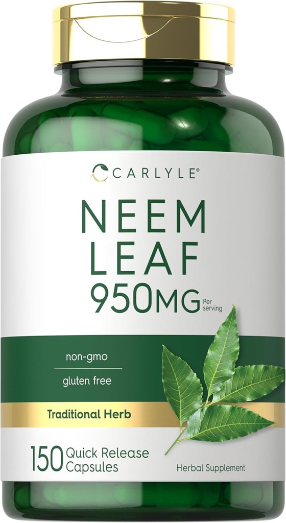 Carlyle Neem Leaf | 950mg | 150 pulbrikapslit | Non-GMO ja Gluteenivaba valem | Väärtuse suurus | Traditsiooniline taimsete toidulisand | Azadirachta Indica