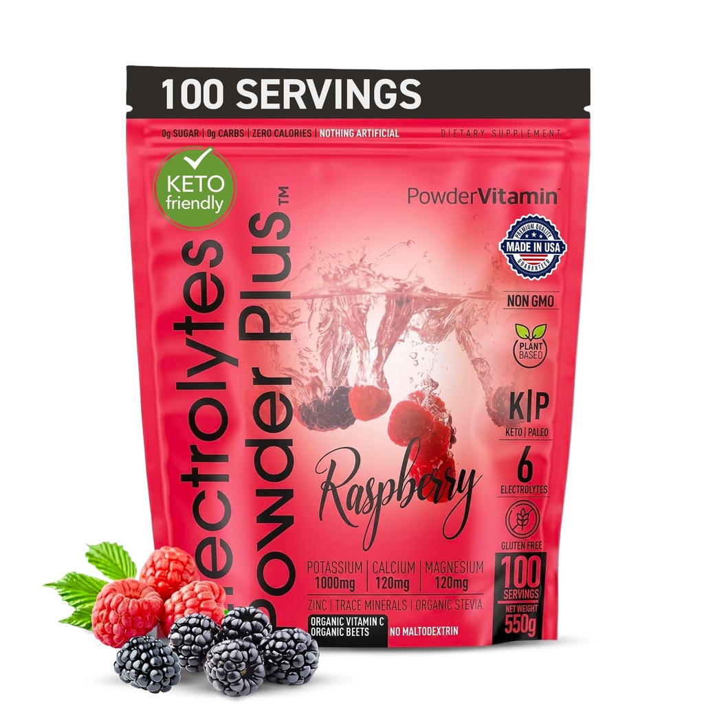 PowderVitamin Electrolytes Powder Plus, Sugar Free Hydration Powder 1000mg Potassium, 120mg Magnesium, 120mg Calcium, Himalayan Salt, & Vitamin C & Zinc, USA Made, 550g, 100 Servings, Raspberry Flavor