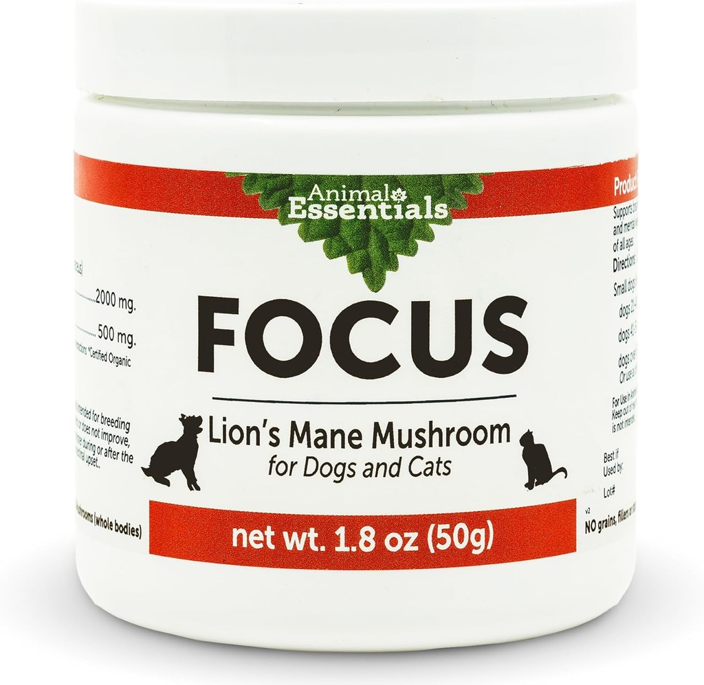 Essencials animals Focus en Lions Mane Mush room suplementari per als Dogs i Gats - Suport en la salut intel·lectual, la funció cogniva, la sanitat Imnega resposta, l'extracció de Powder - 1.800 Oz (Pck of 1)