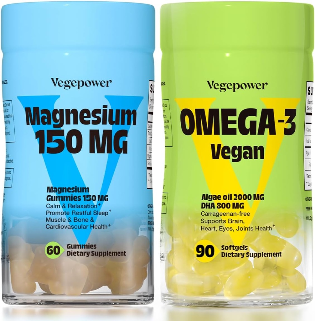 Vegan Omega-3 + Magnesium Gummies | Algae Omega-3 800mg DHA Supplementer for hjernen, hjerte øyne helse- 90 teller | 150mg Magnesium Citrat Gummies for voksne og barn rolig søvn, avslapning