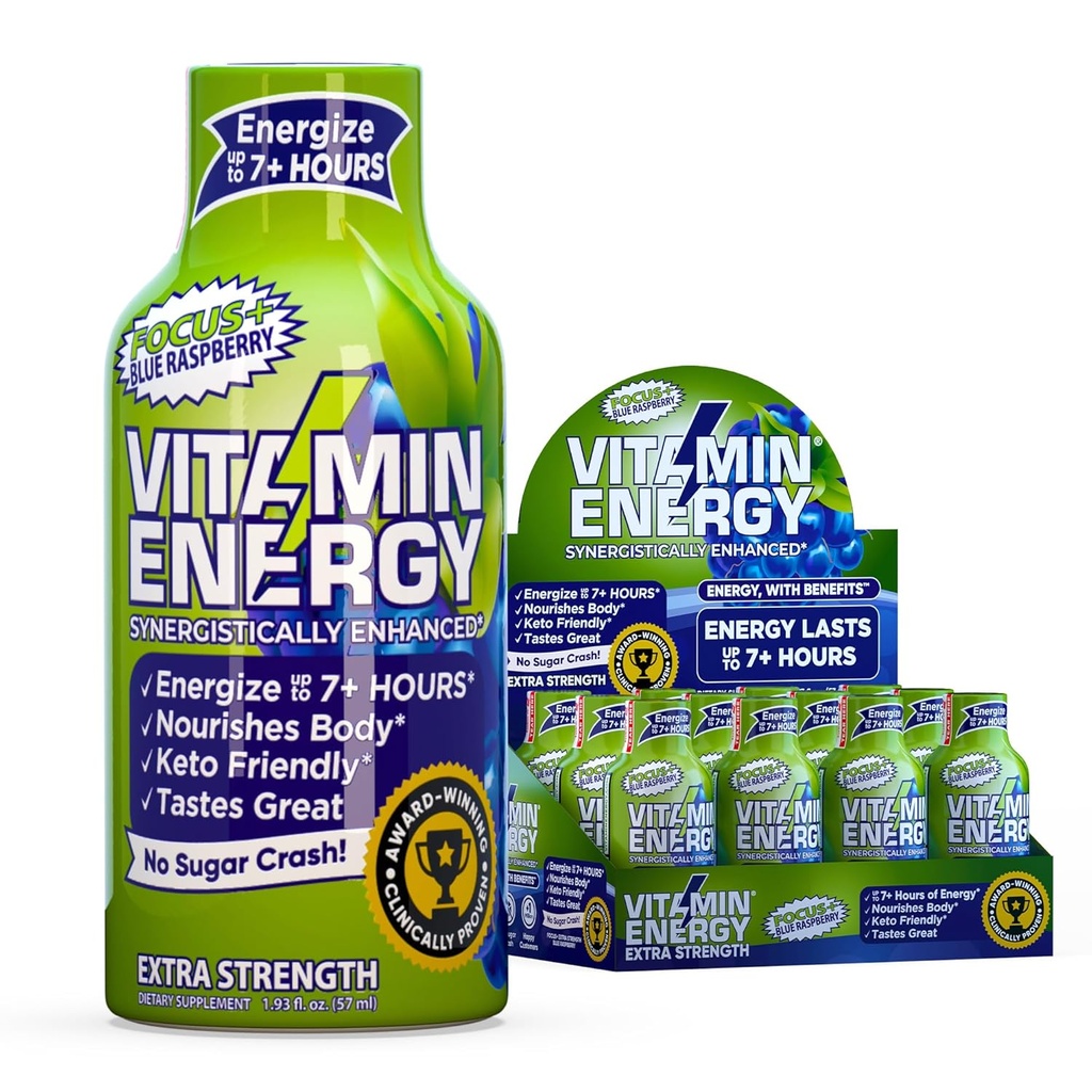 Vitamin Energy Focus + Extra Energy Shot Blue Raspberry 12 Pack, 260mg Natural Caffeine, B-Vitamin, CoQ10, Amino Acids, Focus, Produtivitas & Clarity, Zero Sugar, Gluten-Free, 1.93 fl oz