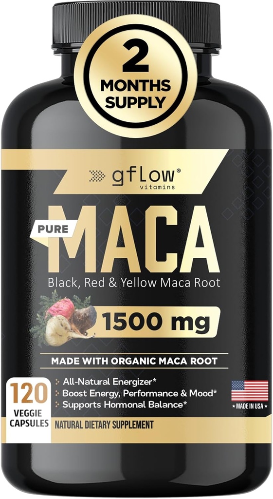 Organic Maca Root Capsules for Women ' Men - Black, Red, Yellow Peruvian Maca Root Extract " Black Pepper - 120 Vegan Pills - Supports Energy, Performance " Mood , Made in USA