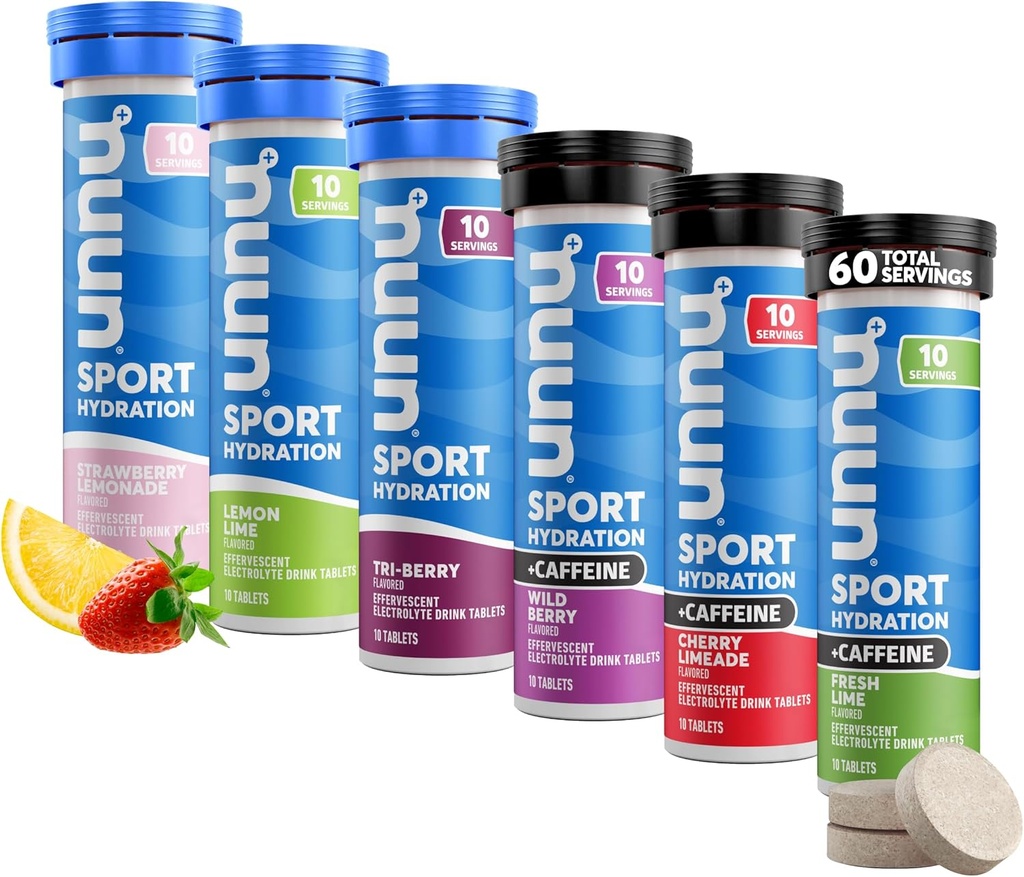 Nuun Sport + Koffein Electrolyte tabletter - Lösbar i vatten, Variety Pack | 5 Essential Electrolytes för Hydration | 1g Sugar Drink Mix | Vegan, Non-GMO | 6 Pack (60 Total Servings)