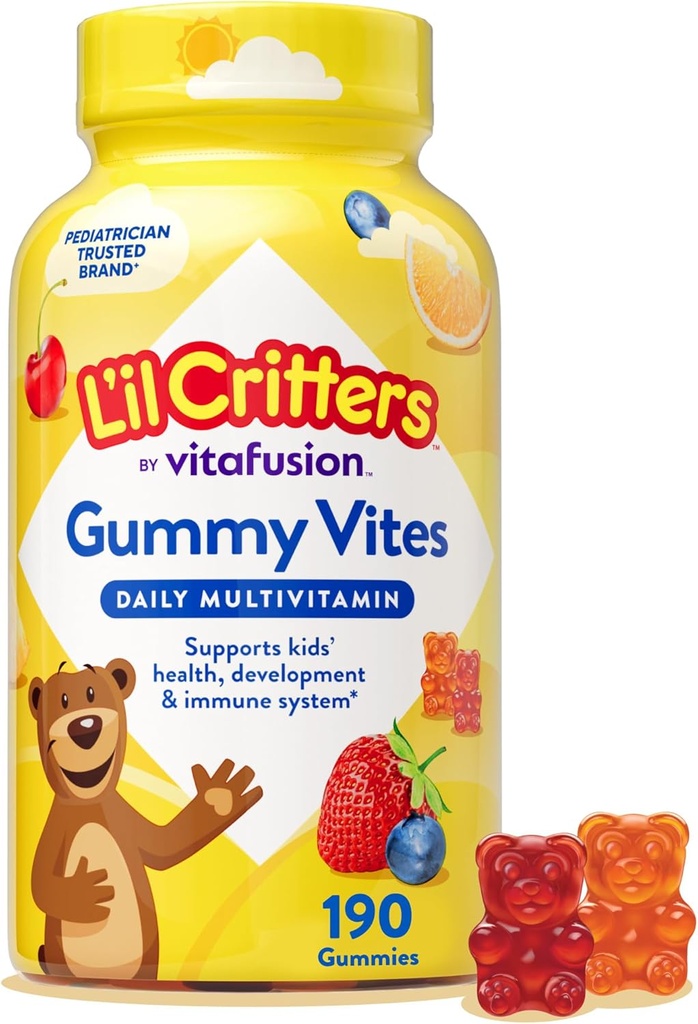 L'il Critters Gummy Vites Щоденні діти багатовітаміни Асортиментовані Фрукти Флавори для віків 2+ Toddlers & Kids, Gummy Вітамін з вітаміном С і D, 95-190 Постачання, 190 Гомі
