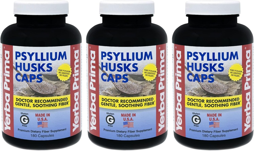 Yerba Prima Psyllium Husks Caps - 180 tapas (Pack of 3) - Suplemento de fibra natural - limpeza de colon - Gluten non Gluten gratis