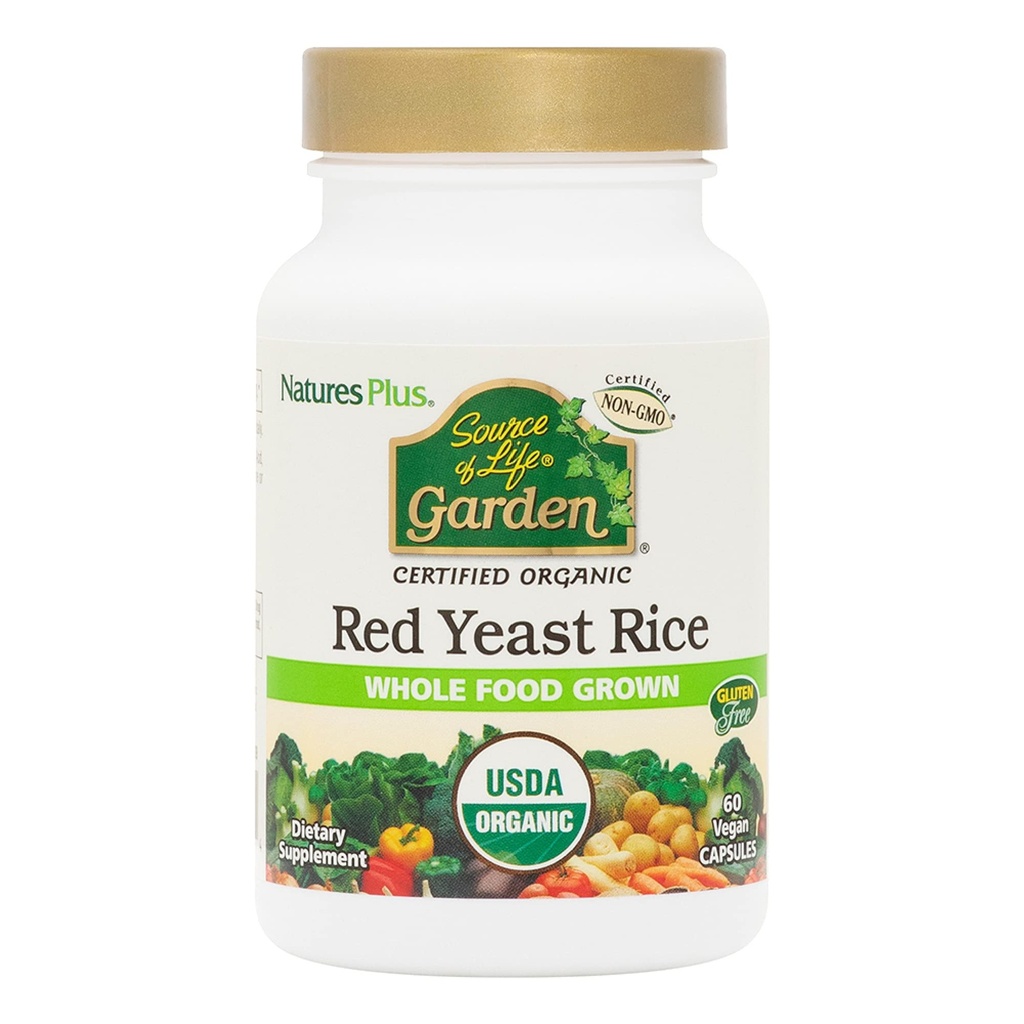 NaturesPlus Source of Life Garden Red Yeast Rice - 60 Capsules - Nutritional and Digestive Support - USDA Certified Organic, Non-GMO, Vegan, Gluten Free - 60 Servings