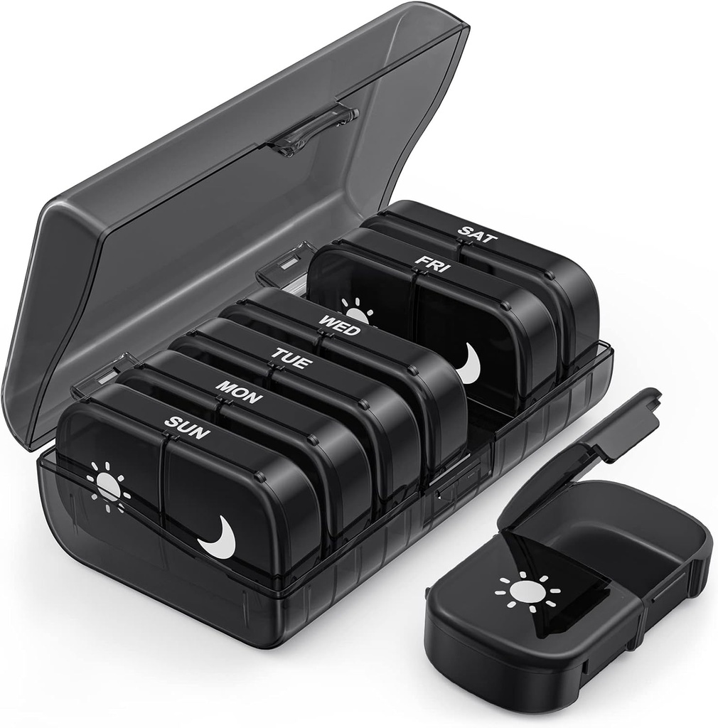 PULIV Ekstra Büyük Haftalık Pill Organizer 2 Times a Day, One-Side Open Pill Box 7 Day for Easy fill, Black Privacy Protection AM PM Pill Case for Vitamins, Drug, Supplements, Fish Oils Black Black