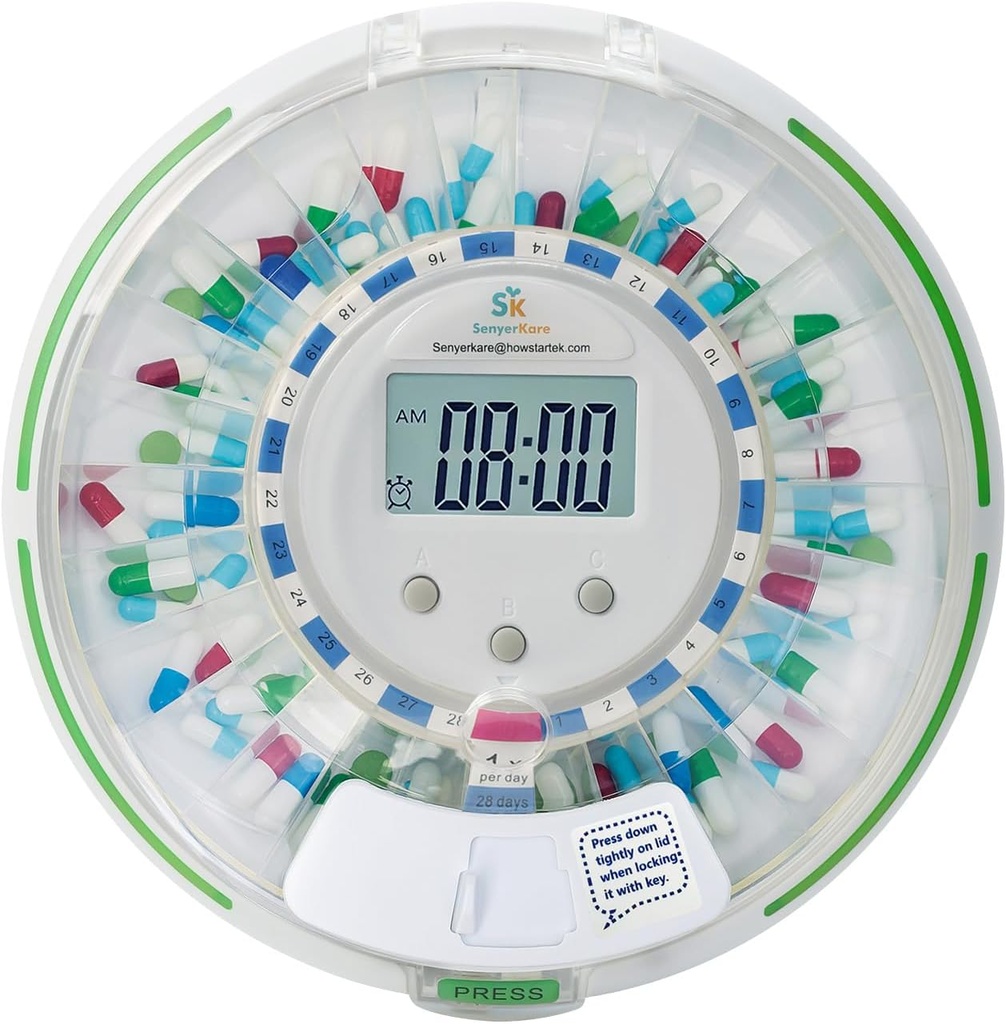 Distributeur automatique de pilules avec verrouillage de sécurité, lumière clignotante, son, alarme, 28 jours distributeur électronique de médicaments pour les vitamines et les comprimés haut 6 fois/jour, affichage de lecture facile, clair