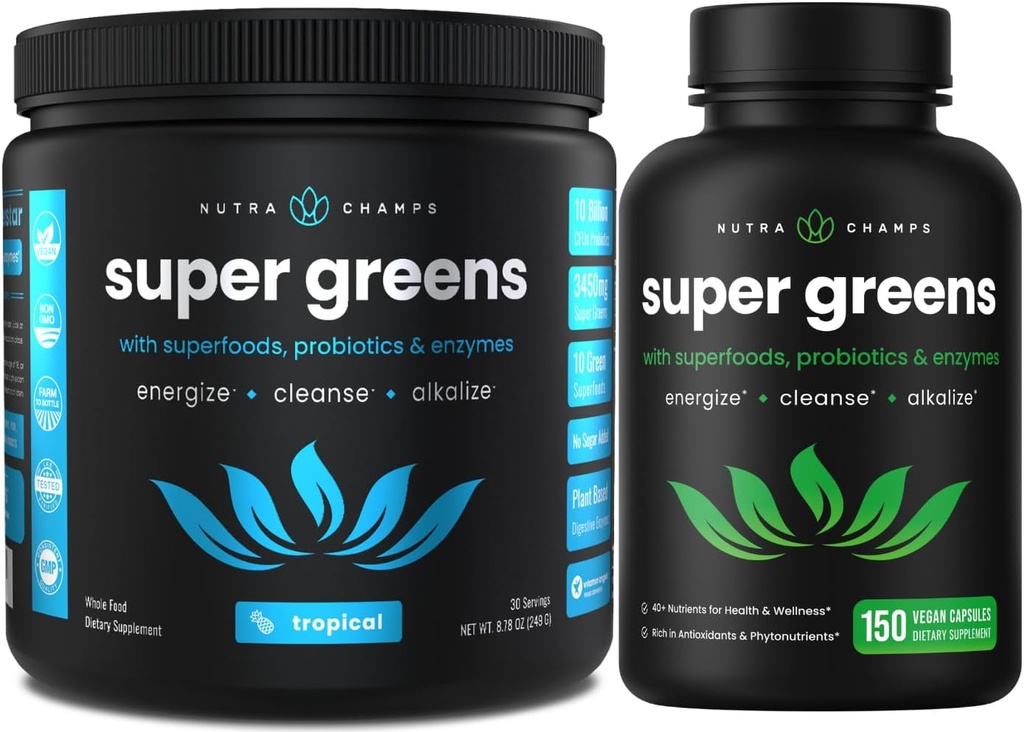 NutraChamps Tropical Super Greens Pó & Super Greens Cápsulas