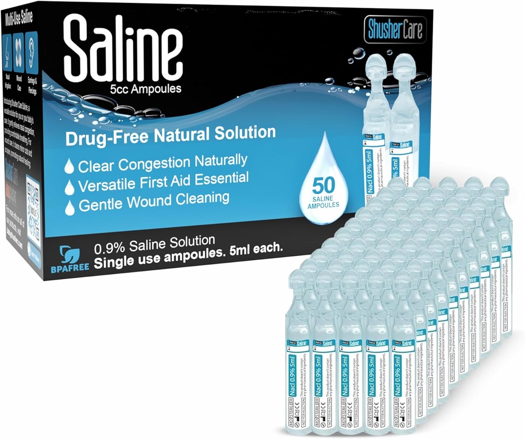 Saline Ampoules - Saline Giải pháp cho Nulzer, Sodium Chydide 0.9%, Nasal Cleanse for baby, Kids, & người trưởng thành, Sterile Nasal Care, Sperile - 50 Count (5ml)