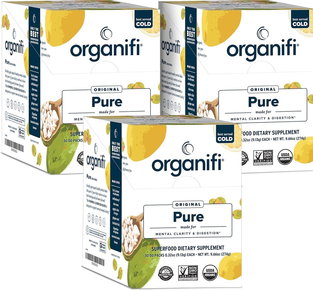 Organifi: Pacotes inteligentes puros - Suporte ao Cérebro Orgânico e Imunidade - revitaliza o foco mental diário - sabor limão, 3 Pack