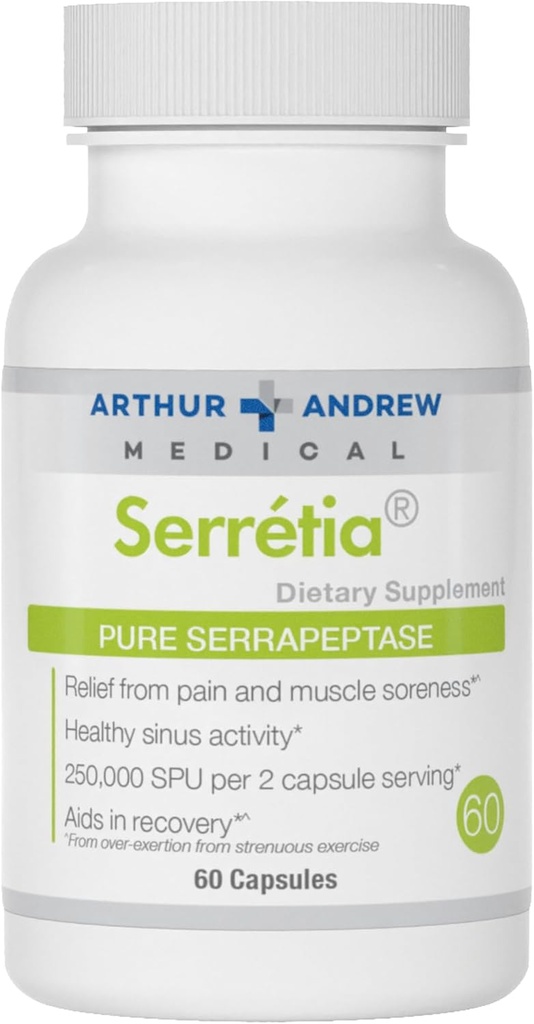 Arthur Andrew Medical, Serretia, Serrapeptase Formel for muskel og Sinus Support, 60 kapsler