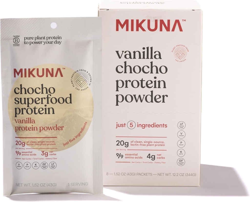 Mikuna Chocho Superfood Protein, Landareetan oinarritutako Protein Powder, Bidaia-paketeak - Vegan, Gluten Free, 3g Net Carbs edo Less, eta Bioavailable, Ez-Isolate (8 zerbitzu, Vanilla)