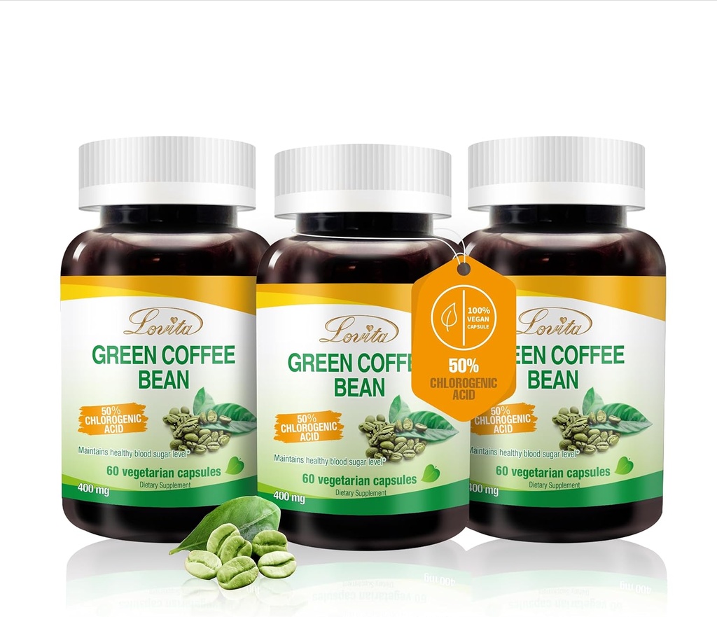 Lovita Green Coffee Bean extract, % 50 klorogenogenoa metabolismoa, Energia eta Pisuaren Kudeaketarako, 800 mg eguneko, Vegan, Gluten-Free, Antioxidatzaile Naturala, 180 kapsula