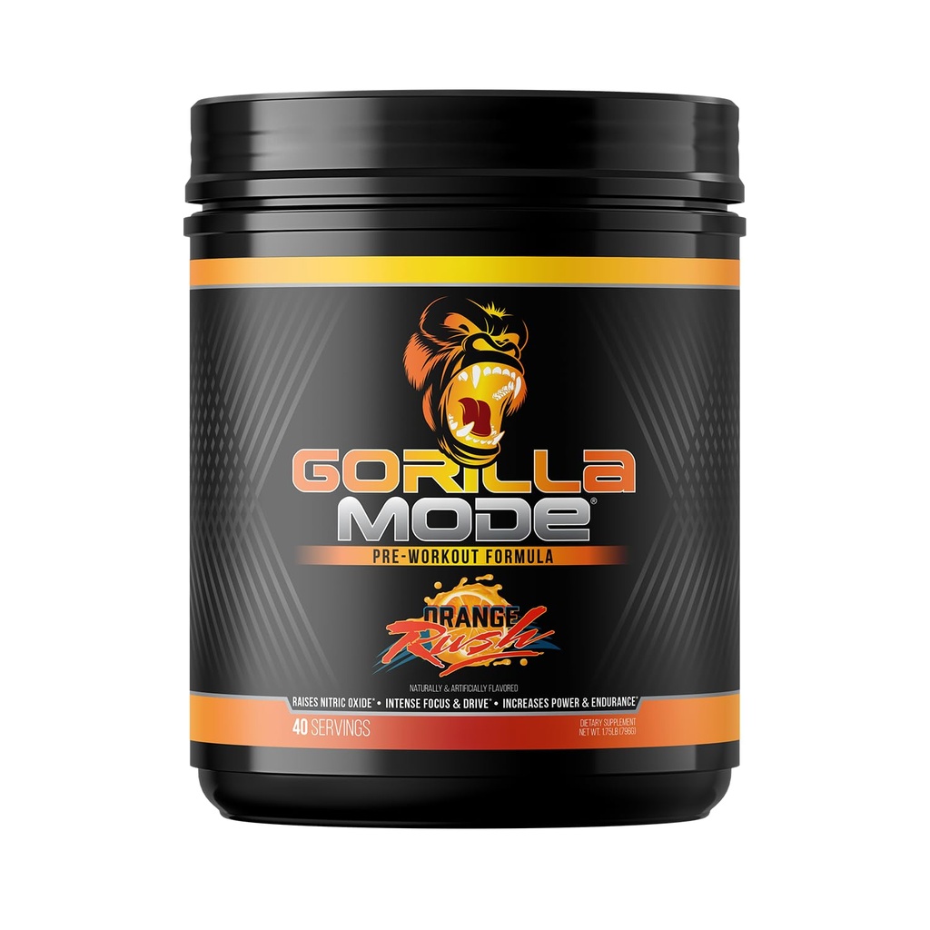 Gorilla Mode Pre Workout - Massive Pumps Laser Focus Energy Power - L-Citrulline, Creatine, L-Tyrosine, Betaine, Hydroprime, Alpha-GPC, 400mg Caffeine, Huperzine A - 796g (Orange Rush)