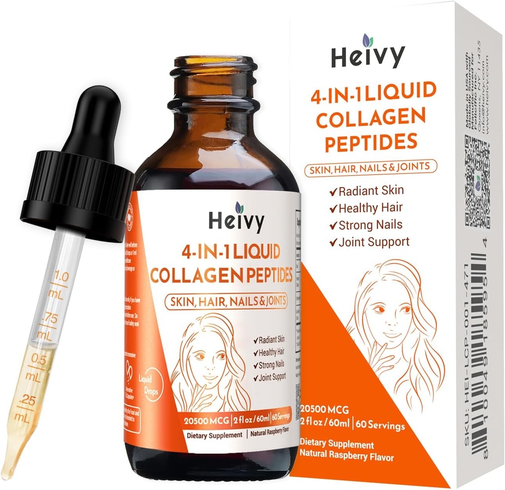Heivy Liquid Collagen for Women, Liquid Biotin & Collagen for Radiant Skin, Hair Growth, Strong Nails, Joint Support, 20500 мкг 4-в-1 Collagen Drops, Advanced Absorption, Raspberry Flavor 2 FL OZ