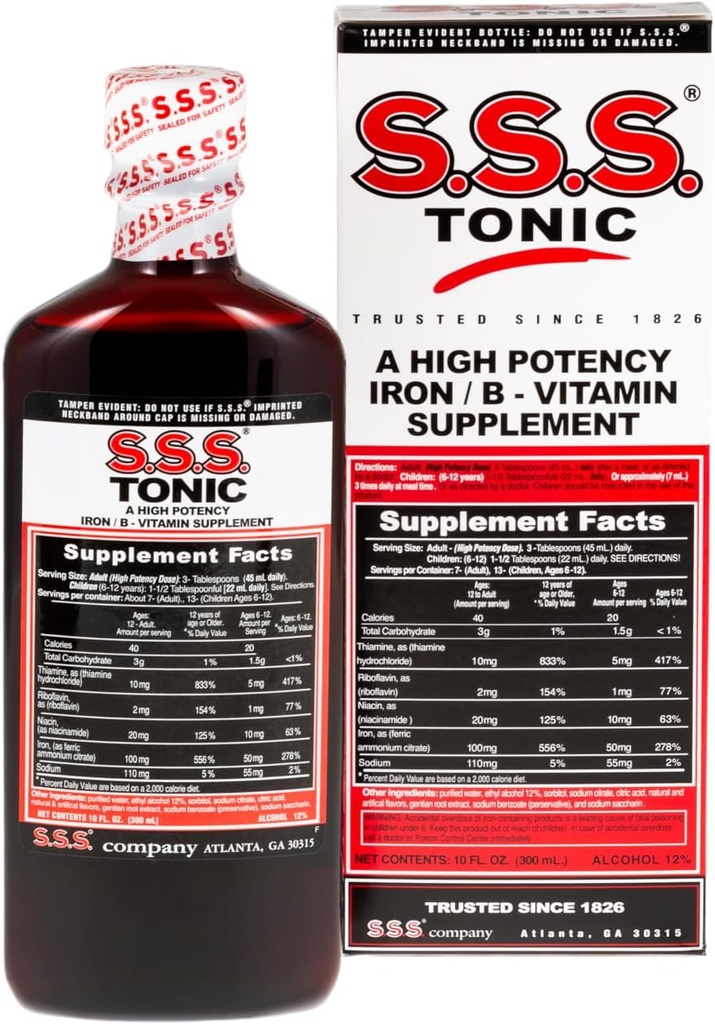 S. S. Tonic, Iron and Vitamin B Supplement, High Potency Vitamins, Bottle, 10 Fl Oz (1-es csomag)