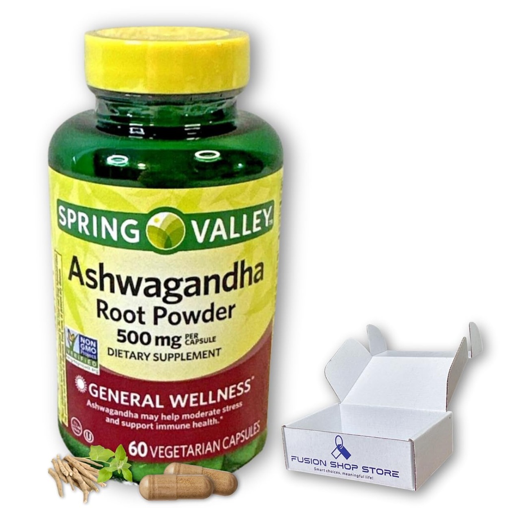 Ashwagandha- 500mg Root Powder, 60 Capsules (Pack of 1), Boxed by Fusion Shop Store