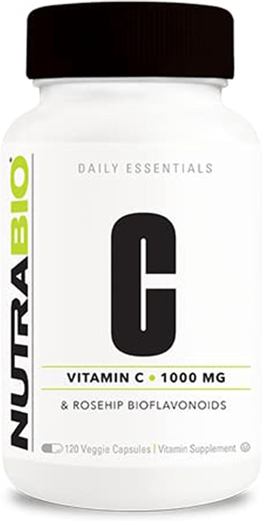 NutraBio Vitamina C com Rose HIPS - Suporta Ossos, dentes e gengivas saudáveis, função imunitária - Sem enchimentos ou excipientes - (120 cápsulas, 1000mg de vitamina C por cápsula)