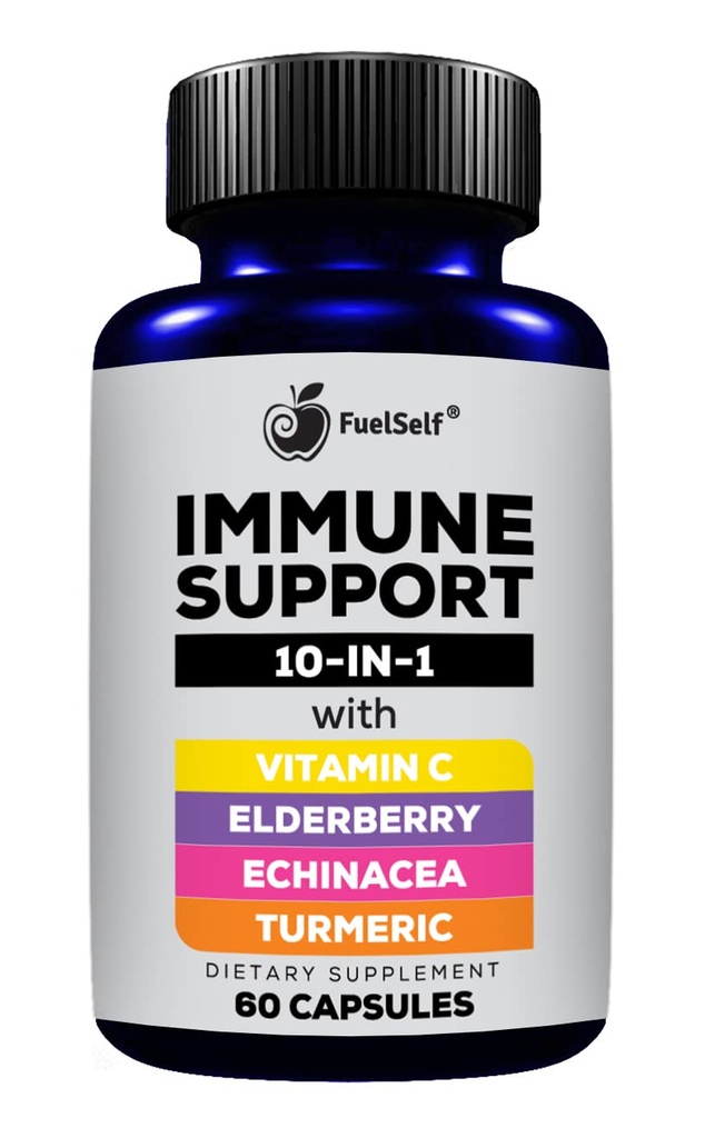 Immune Support Booster Supplement with Elderberry, Vitamin C, Echinacea, Turmeric Curcuminoids, Vitamin E, Vitamin B6, Zinc, L-Glutamine HCL, Garlic, Lactobacillus Acidophilus :: 60 Count, 1 Pack