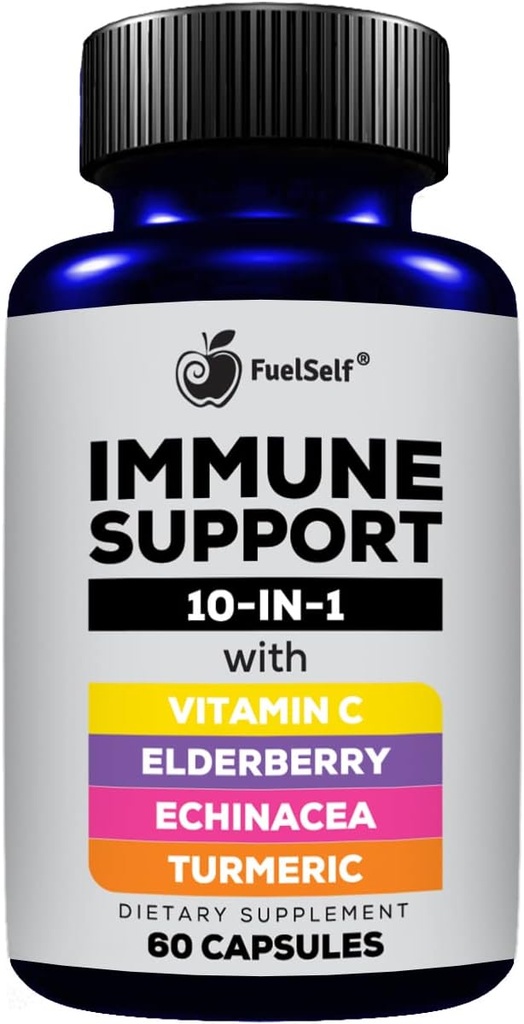 Suplement booster immunologiczny z Elderberry, Witamina C, Echinacea, Kurkuminoidy kurkuminowe, Witamina E, Witamina B6, Cynk, ChPL L- Glutaminy, Czosnek, Lactobacillus Acidophilus:: 60 Count, 1 Pack