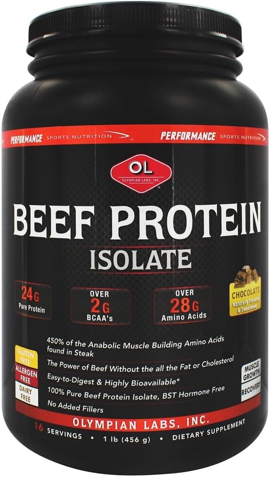 Olympian Labs Beef Protein Isolate Powder, 24g Protein, BST Free, 2 Grams BCAA's, Lihas Building Aminohapot, 1 punta, Maustettu todellinen suklaa