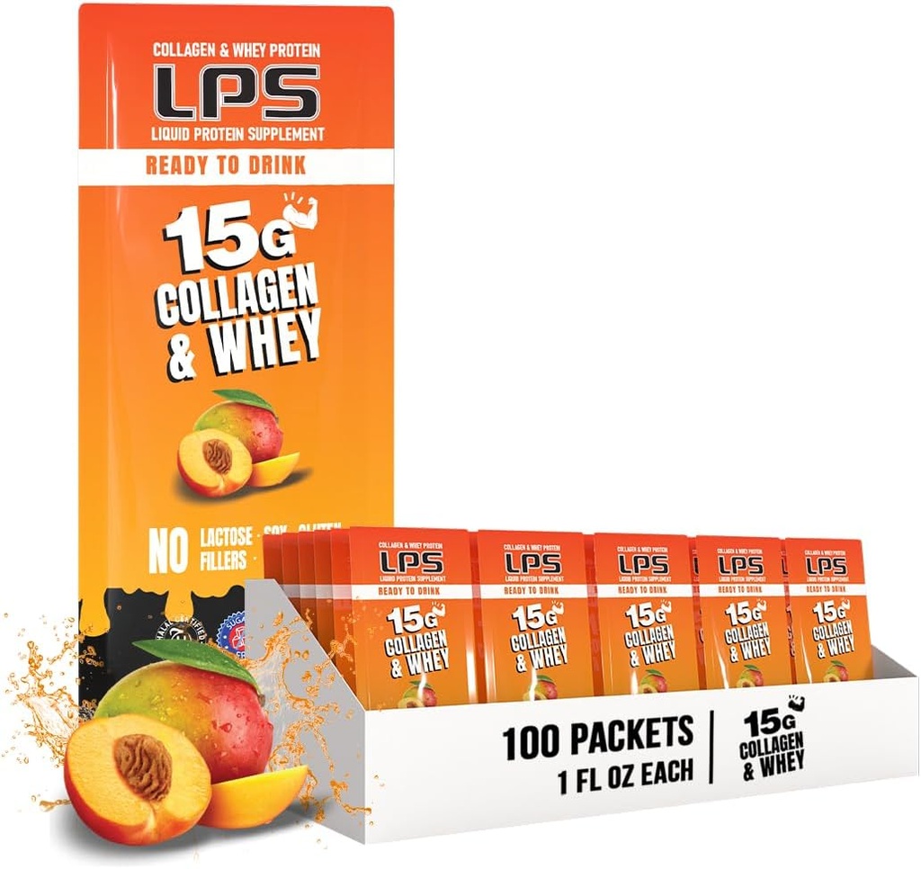 Conceptions nutritionnelles LPS Collagène liquide et supplément de protéines de lactosérum - boisson non-OGM, sans sucre - favorise une peau et des cheveux sains pour les hommes et les femmes, la mangue de pêche, une portion unique (100 paquets)