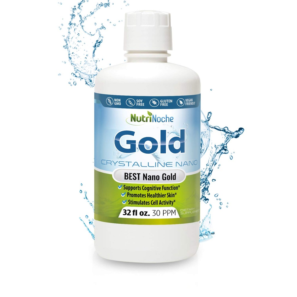 Colloidal Gold Liquid Organic Supplement by Nutrinoche - 100% Pure Nano Gold Mineral - Supports Mental Clarity, Focus & Relaxation - 32 oz Bottle - Vegan, Gluten-Free - Crystalline- 30 ppm
