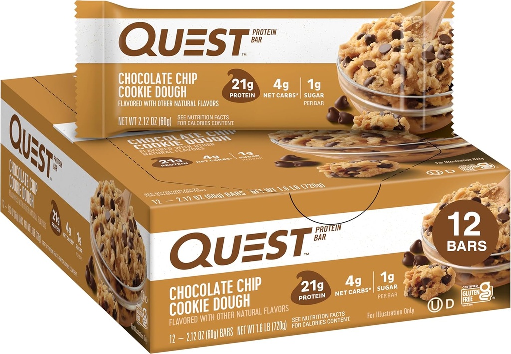 Quest Nutrition Chocolate Chip Dough Cookie Protein Bars, 21g Protein, 1g Sugar, 4g Net Carb, Gluten Free, Keto Friendy, 12 gróf