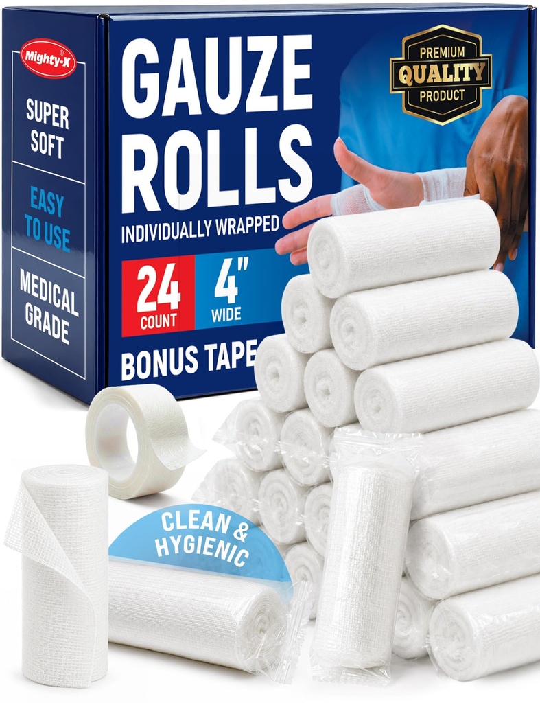 Medical Gauze Rolls – 24pk – 4" x4.1yd – Soft and Breathable Gauze Bandage | Latex-Free Premium Individually Wrapped Bandages - Easy to Use - First Aid Conforming Stretch Gauze for Wound Care - Vet Wrap