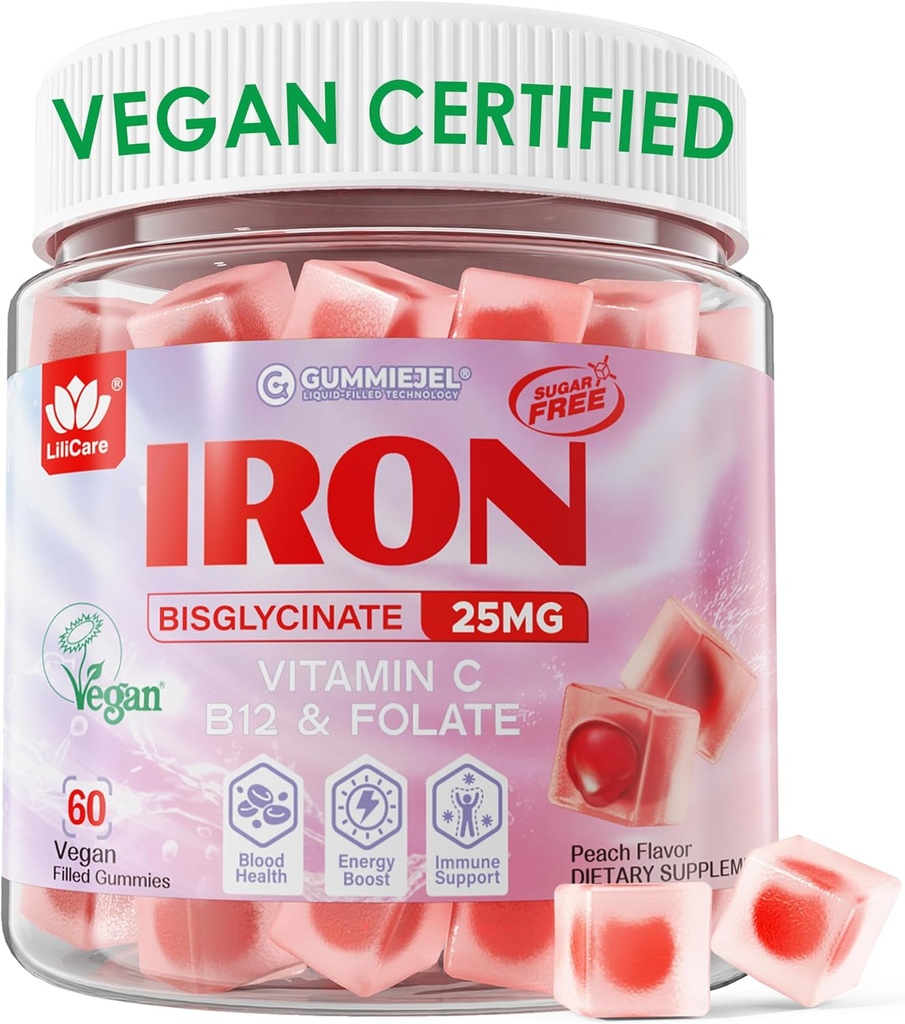 Iron Gummies for Women 25mg Plus Vitamin C, Beet Root, B12 bitamina, Folate for Iron Deficiency, Anemia, Energy Boost, Sugar Free Iron Supplement, Non izoztua, No After Taste, 60 Cts