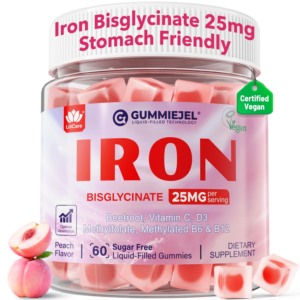 Iron Gummies for Women 25mg Plus Vitamin C, Beet Root, Vitamin B12, Folate for Iron Deficiency, Anemia, Energy Boost, Sugar Free Iron Supplement, Non-Constipating, No After Taste, 60 Cts